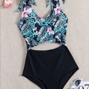 Tropical Tie Shoulder One Piece Swimsuit